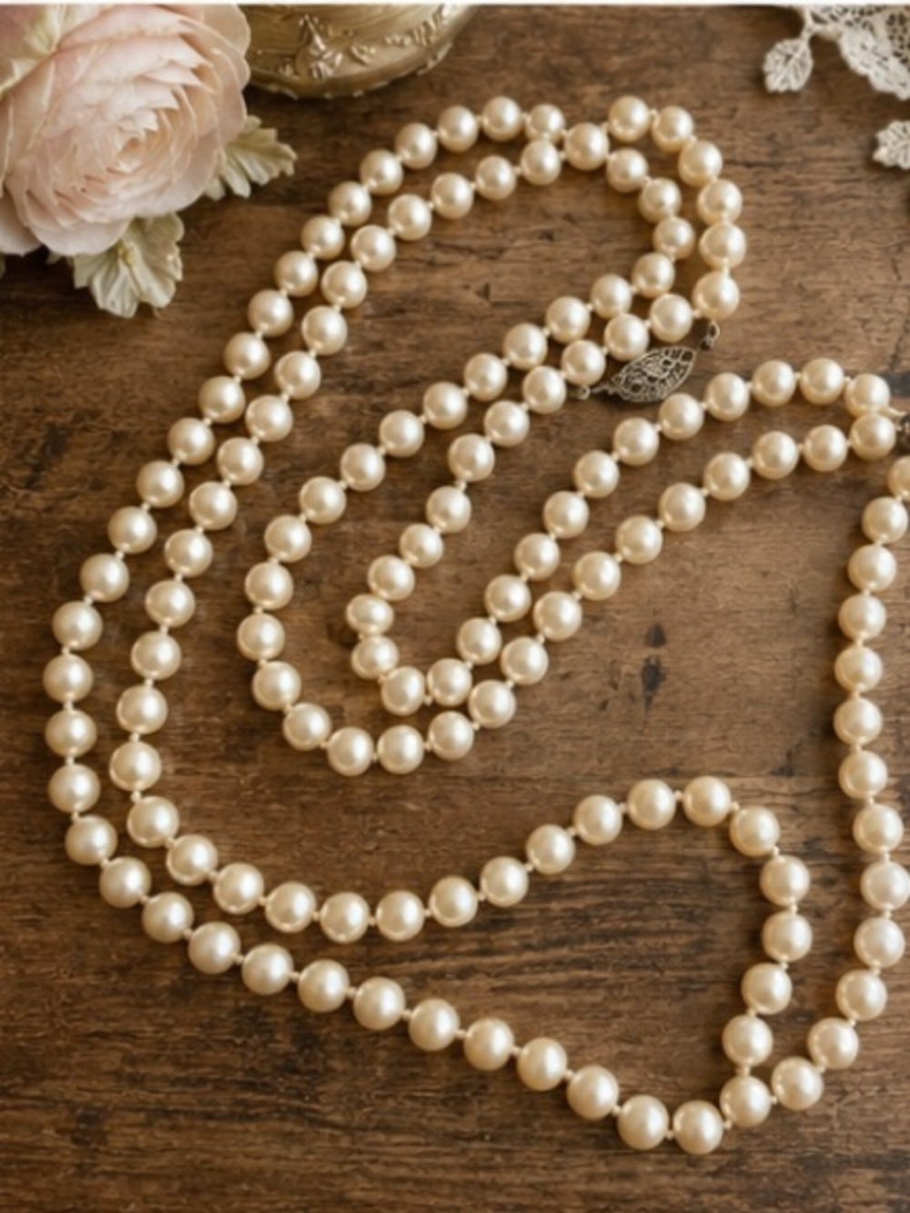 Vintage 56” Cream Faux Pearl Necklace Hand Knotted Fishhook Clasp Opera Length - Picture 5 of 9